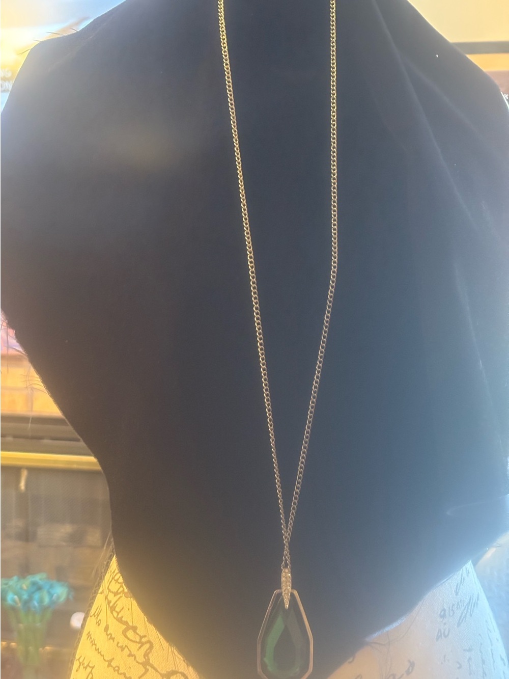 Silver tone Long Necklace with beautiful Green Teardrop Pendant
